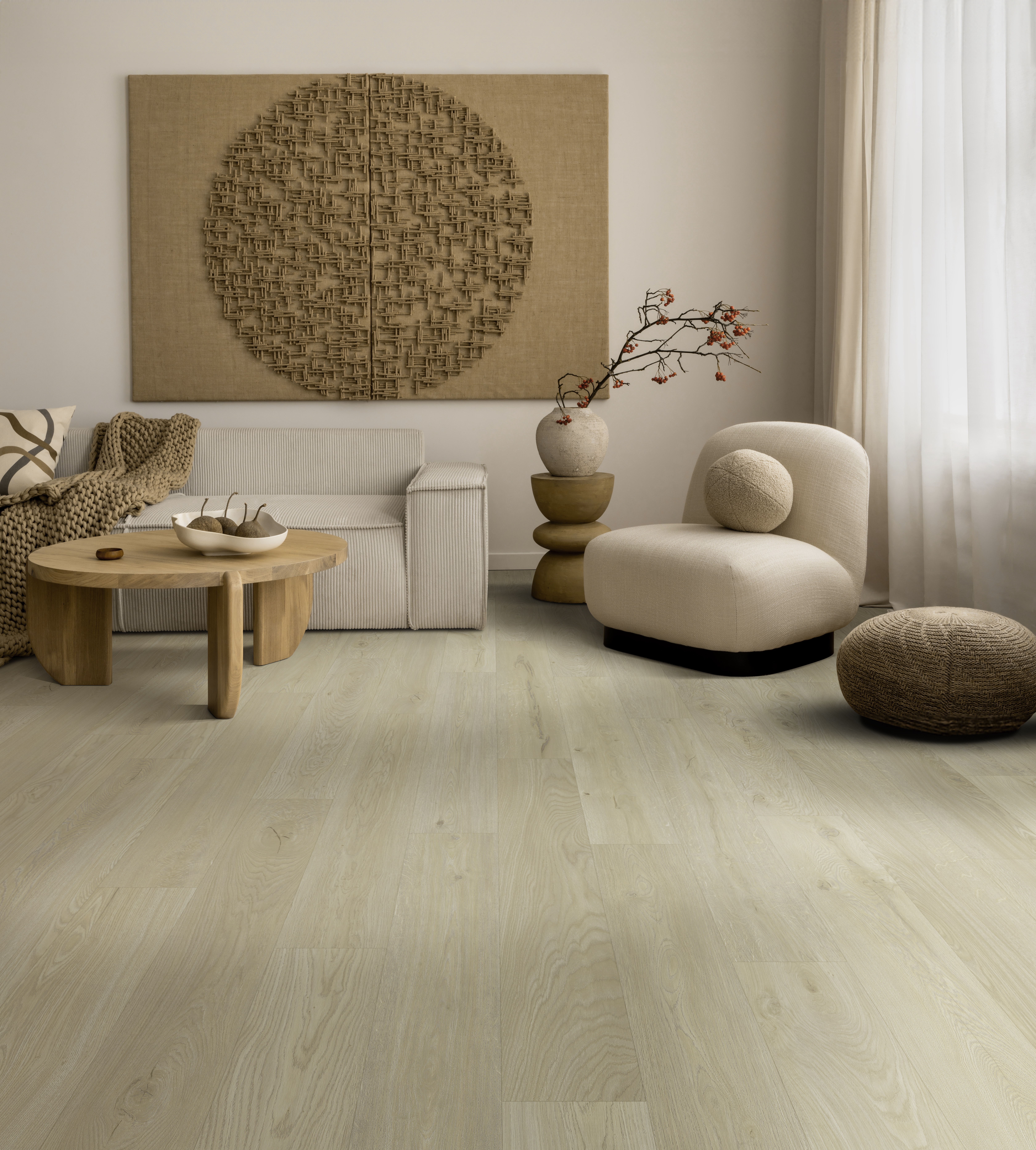 Living room interior with mock up poster frame, beige sofa, round wooden coffee table, rug, pouf, vase with rowan, rounded shapes armchair, braided plaid and personal accessories. Home decor. Template