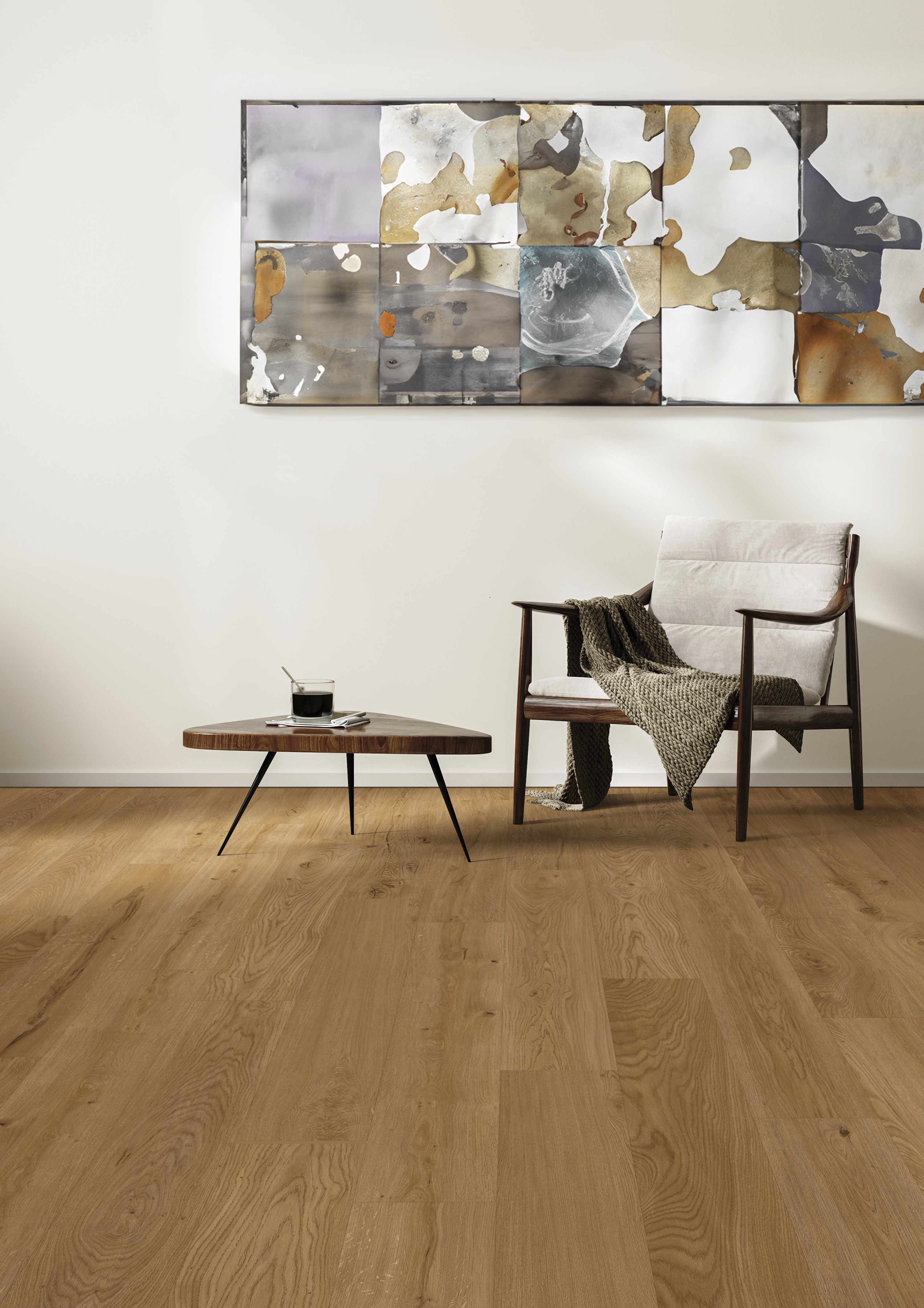 Scandinavian minimalist interior background with armchair with blanket and coffee table, rug, empty white wall mock up, 3d rendering